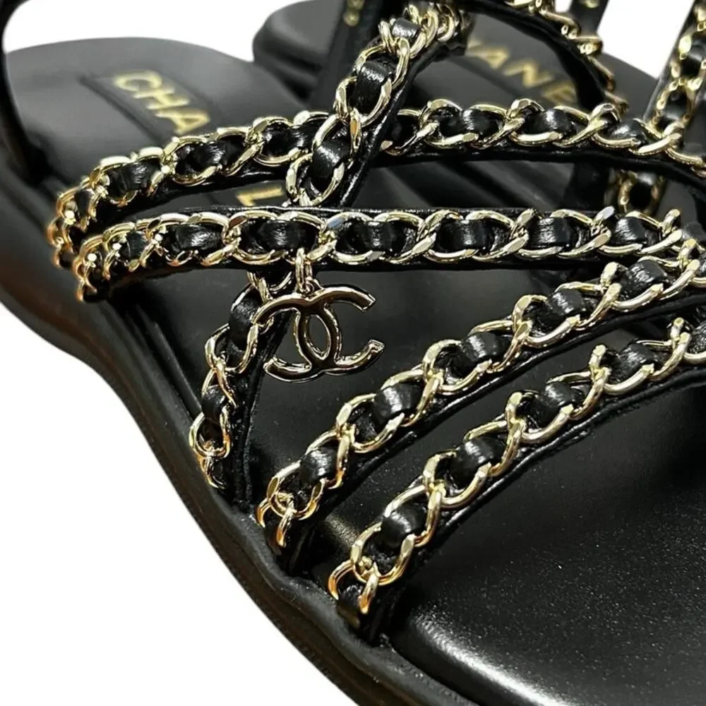 Chanel Black Gold Lambskin Leather Chain Slingback Sandals Womens 39 / US 9